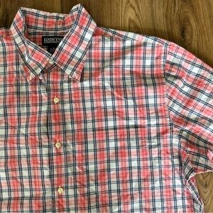 Lands' End Mens Short Sleeve Shirt Large Button Up‎ Pink Plaid Cotton Preppy Top